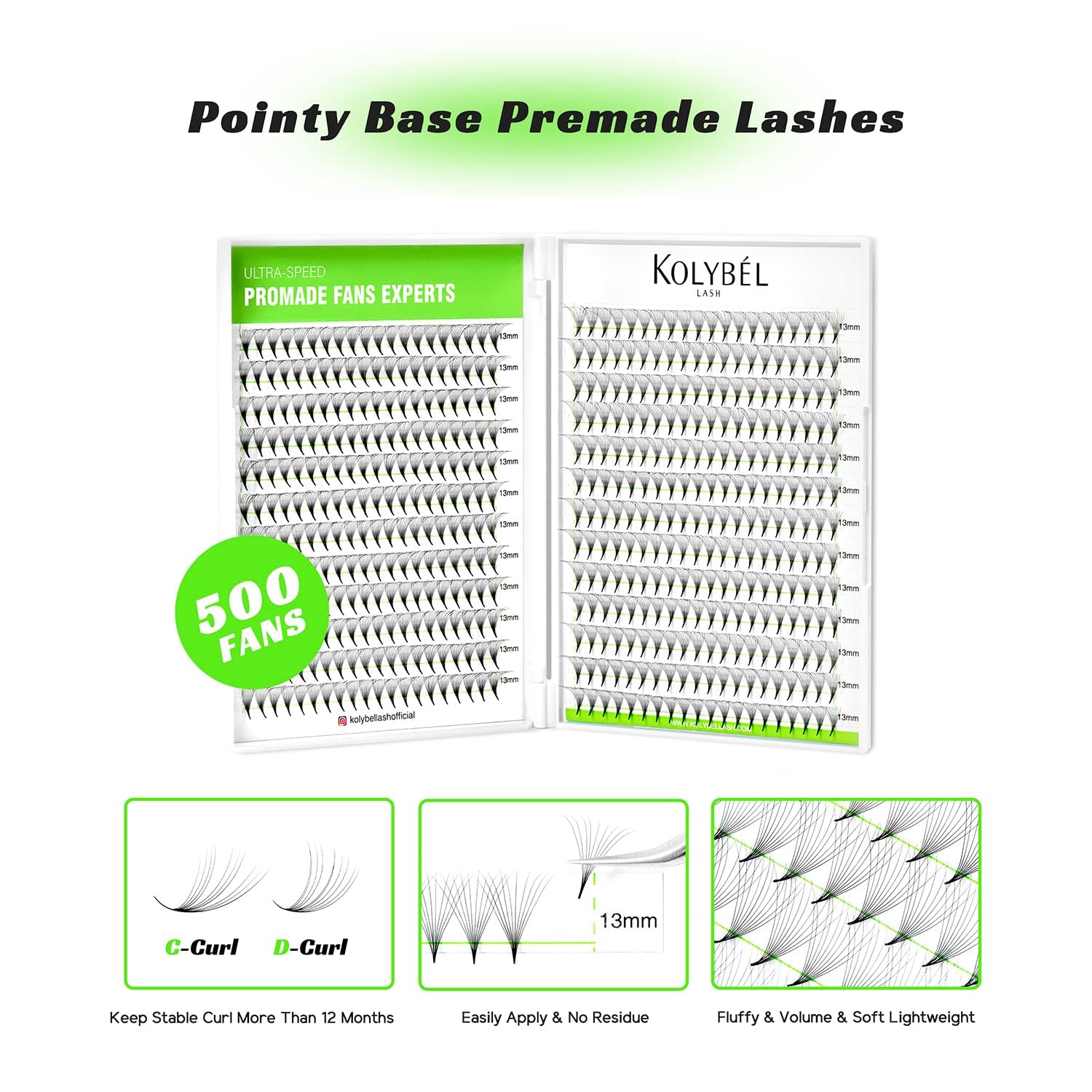Kolybel 500 Premade Fans Eyelash Extensions | 12D 12mm | 0.03 D Curl