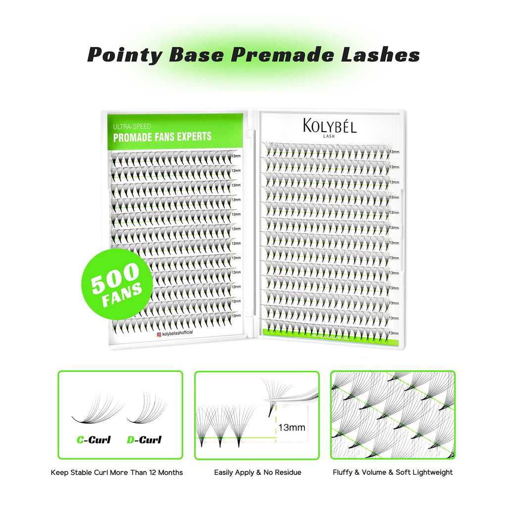 Kolybel 500 Premade Lash Fans 8-15mm | 16D 0.05 C-Curl | Pointed Thin Base Handmade Volume Fans