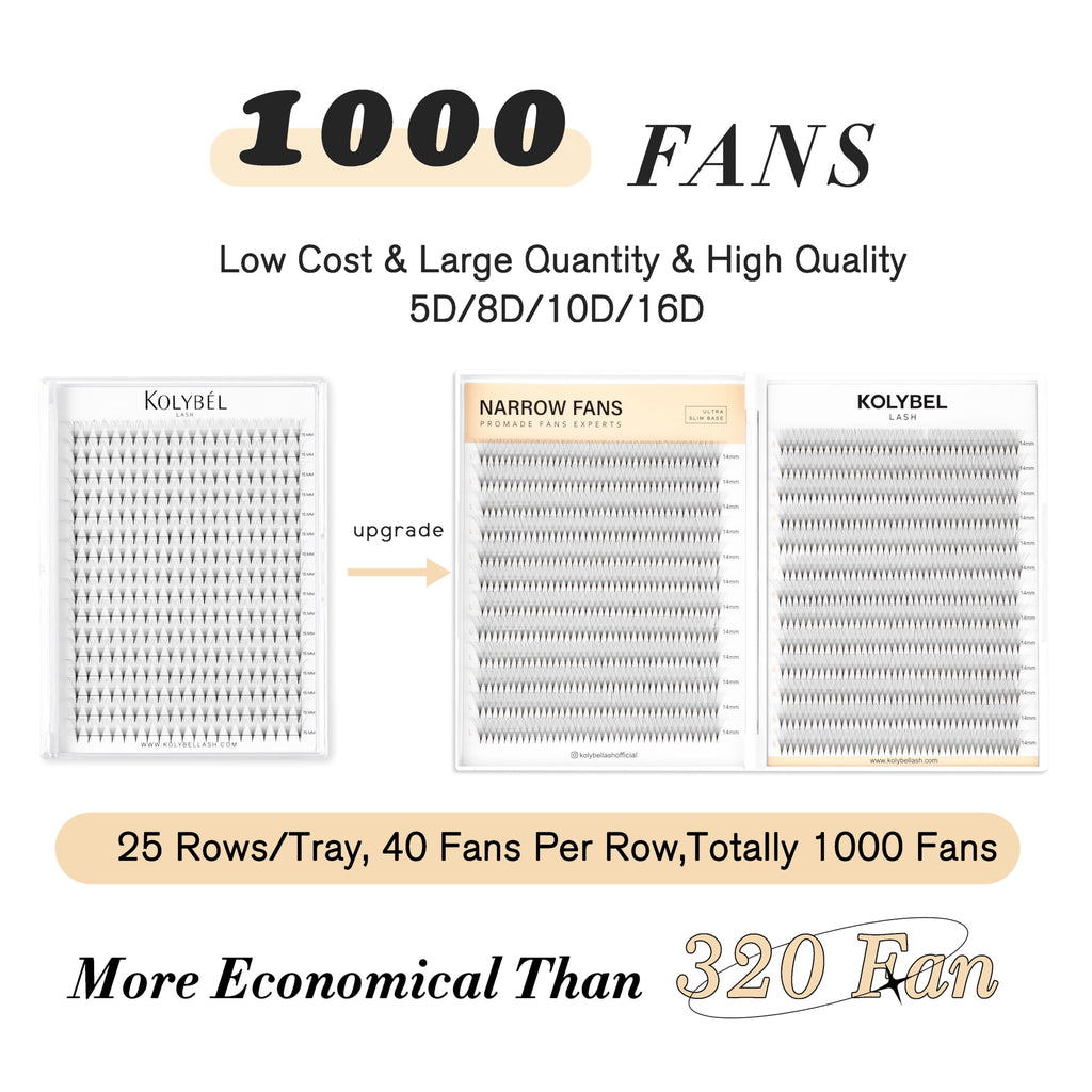 Kolybel 1000 Premade Lash Fans — 10D Narrow Promade, 15mm, 0.05D, Handmade Volume Extensions