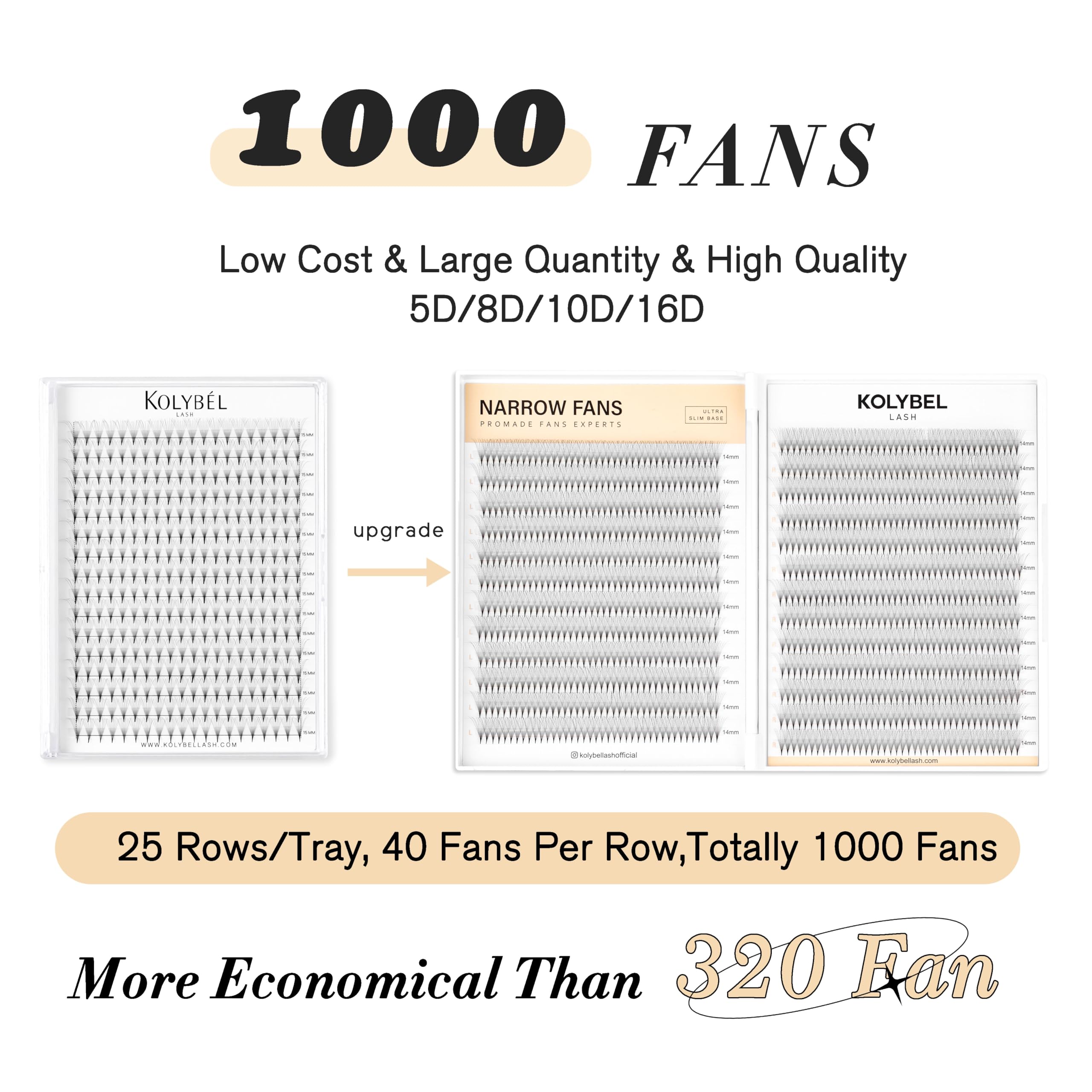 Kolybel 1000 Premade Lash Fans — 10D Narrow Promade, 15mm, 0.05D, Handmade Volume Extensions