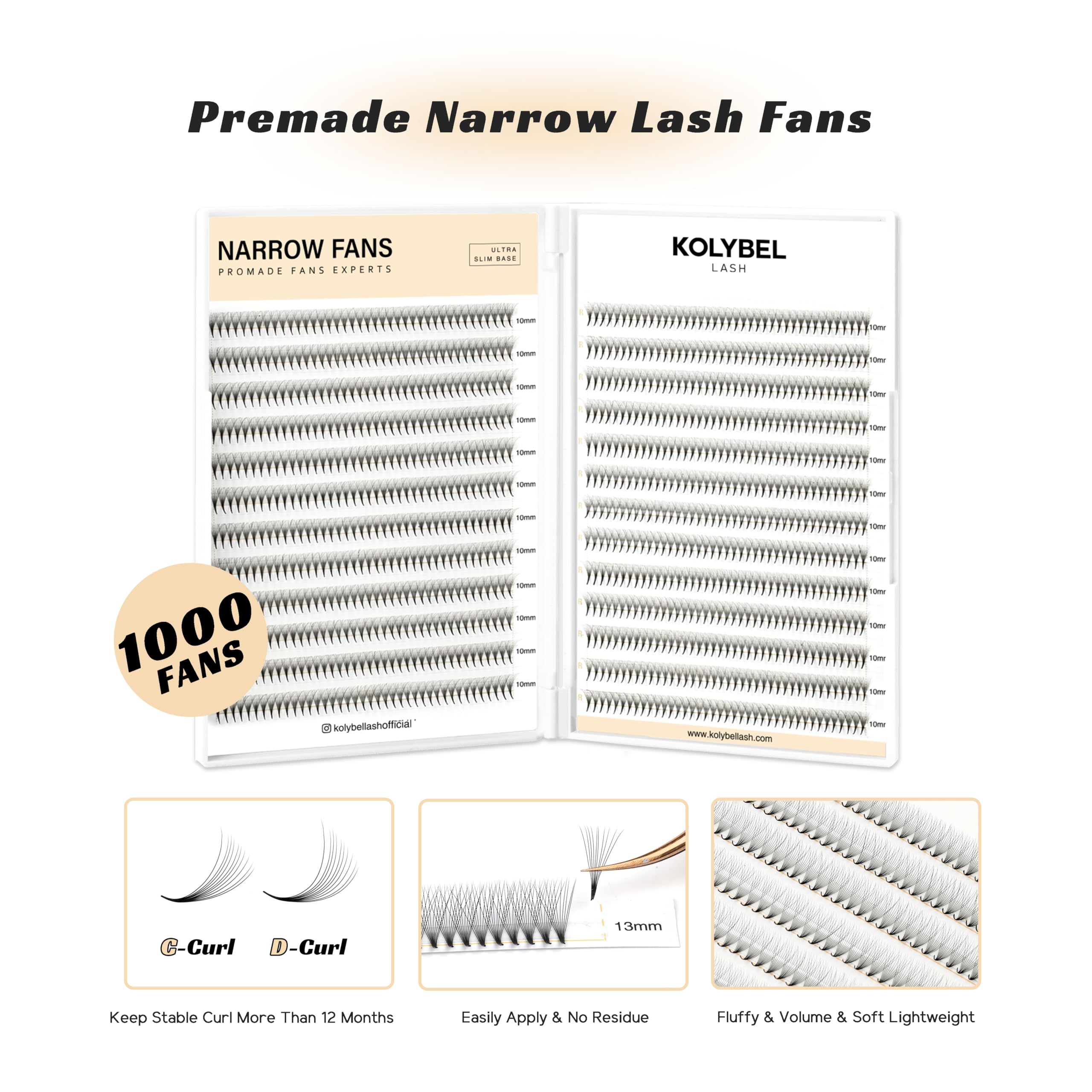Kolybel 1000 Premade Lash Fans 10D-0.05C-8mm – Narrow Base, Handmade Volume Extensions