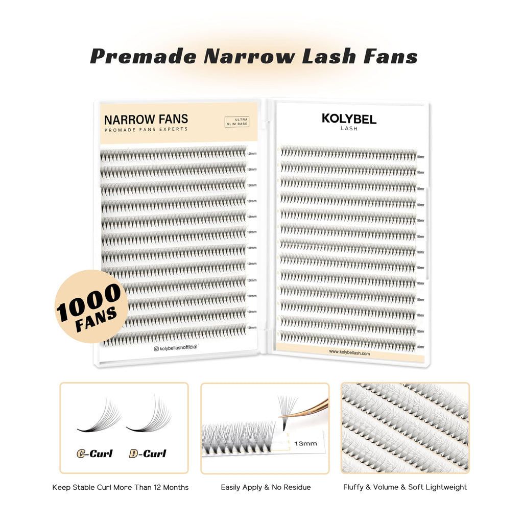 Kolybel 1000 Premade Lash Fans — 10D Narrow Promade, 15mm, 0.05D, Handmade Volume Extensions