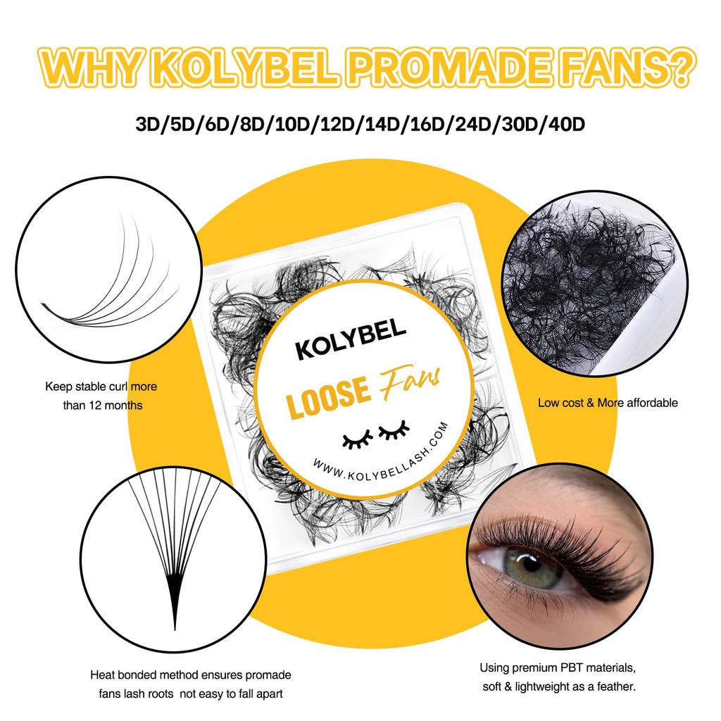 Kolybel 500 Premade Lash Fans – 24D 0.03, D Curl, 12mm | Volume Premade Extensions