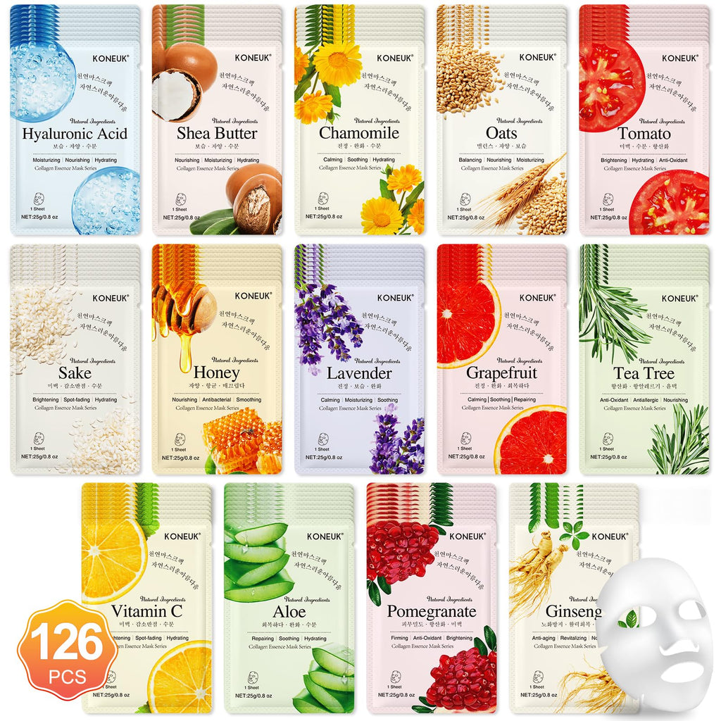KONEUK 126 Pack Sheet Masks – Hydrating Bulk Facial Masks Gift Set for All Skin Types