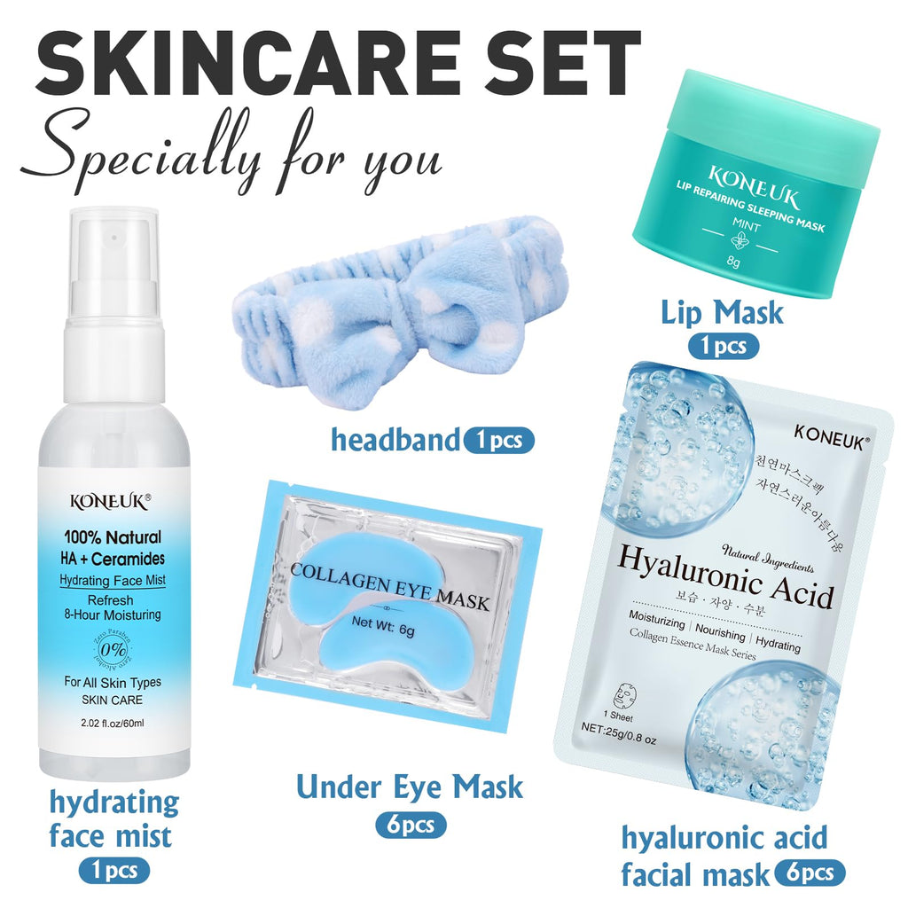 KONEUK 15-Pack Skincare Set – Masks, Eye Patches, Mist & Lip Mask