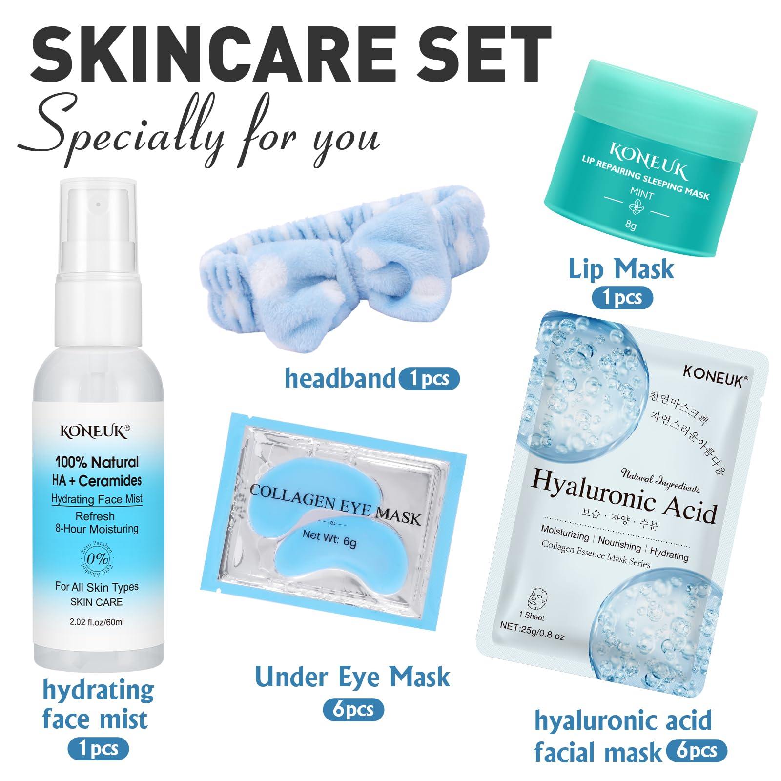 KONEUK 15-Pack Skincare Set – Masks, Eye Patches, Mist & Lip Mask