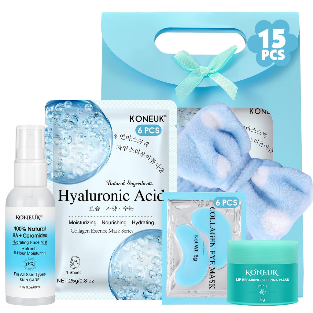 KONEUK 15-Pack Skincare Set – Masks, Eye Patches, Mist & Lip Mask