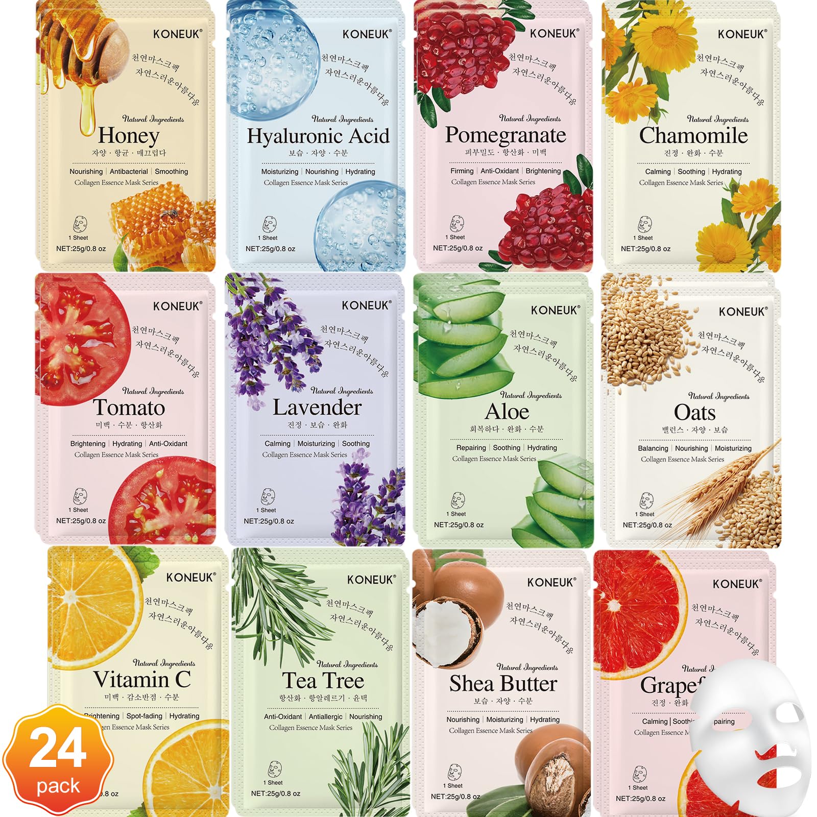 KONEUK 24 Pack Sheet Masks | Hydrating Collagen Essence for All Skin Types