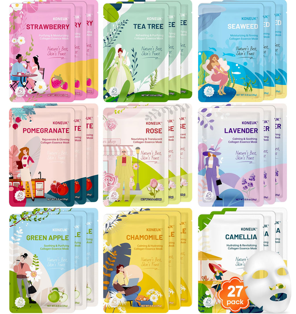 KONEUK 27-Pack Collagen Sheet Masks – Hydrating Skincare Set for Dry Skin