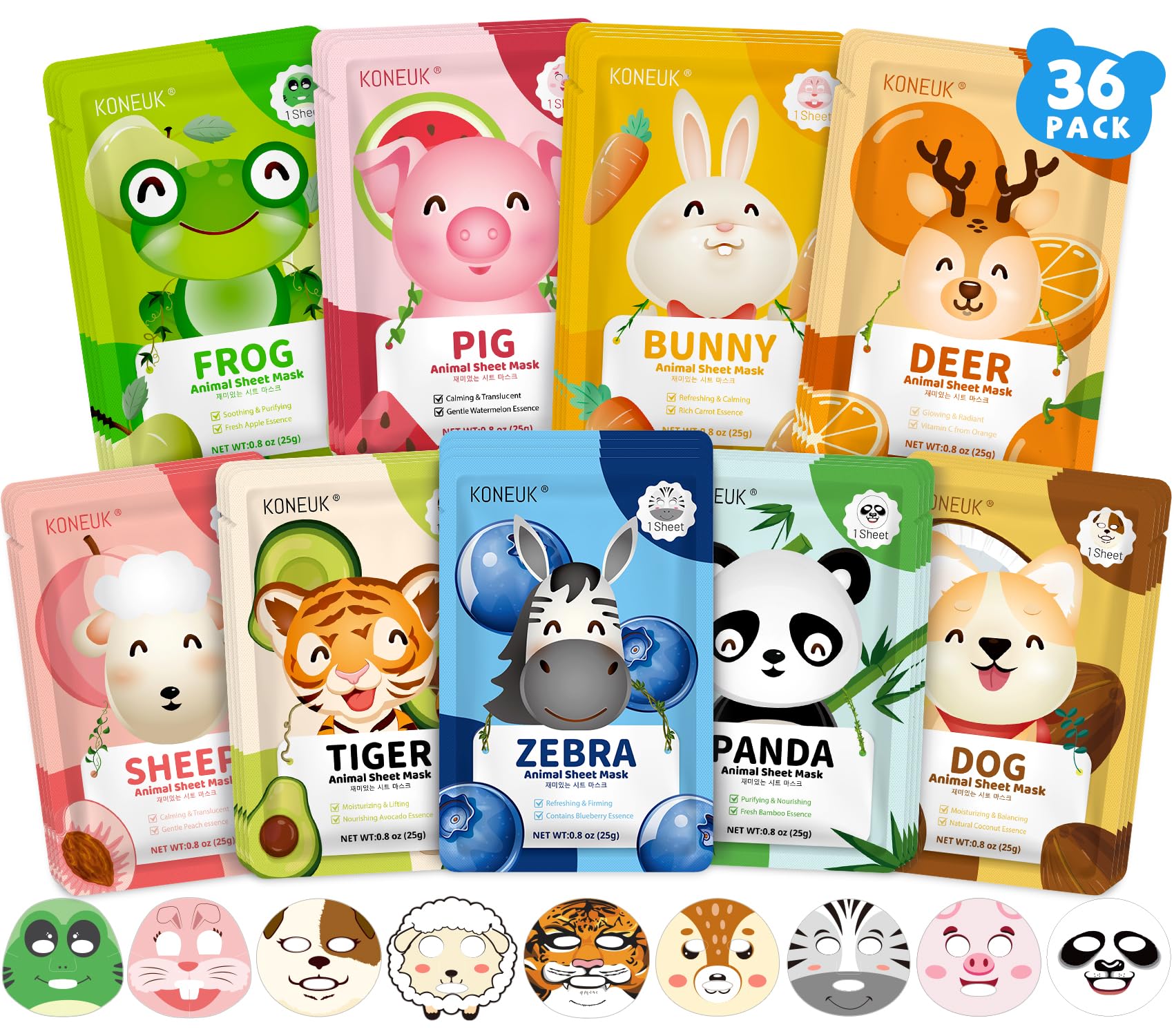 KONEUK 36-Pack Cute Animal Kids Face Masks – Collagen Sheet Masks for Girls & Teens