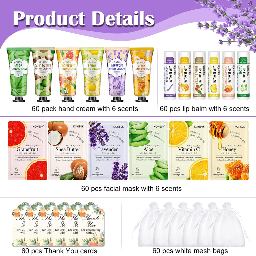 KONEUK 60-Pack Bulk Lip Balm, Facial Mask & Hand Cream Gift Sets