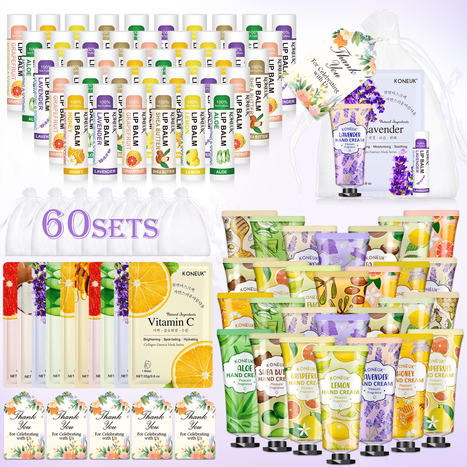 KONEUK 60-Pack Bulk Lip Balm, Facial Mask & Hand Cream Gift Sets