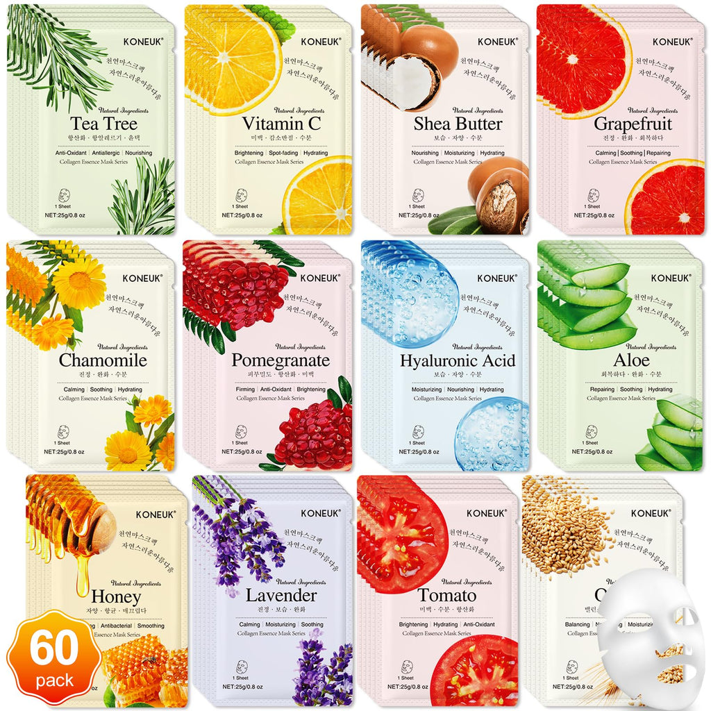 KONEUK 60 Pack Collagen Essence Face Masks – Hydrating Sheet Masks for All Skin Types
