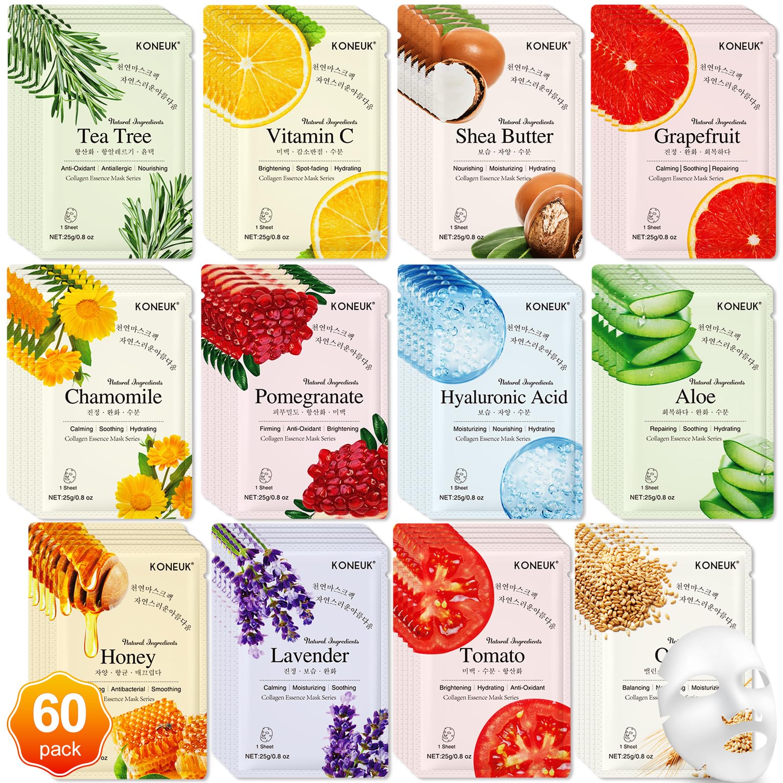 KONEUK 60 Pack Collagen Essence Face Masks – Hydrating Sheet Masks for All Skin Types
