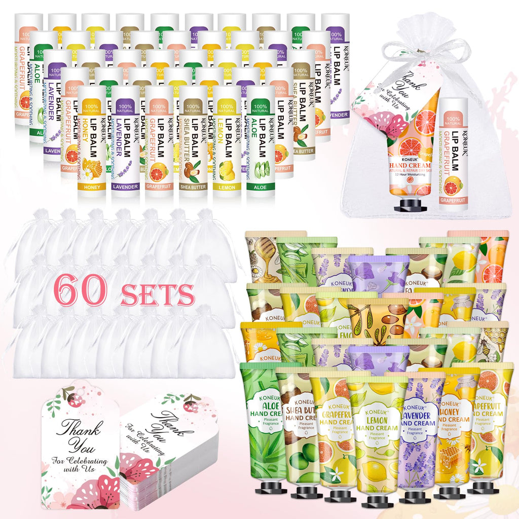 KONEUK 60 Pack Hand Cream & Lip Balm Bulk Sets – Gift Favors for Weddings & Occasions
