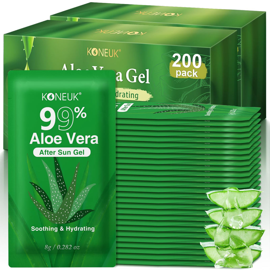 KONEUK 200-Pack Aloe Vera Gel — 99% Pure, Travel-Sized 0.282 oz Sachets