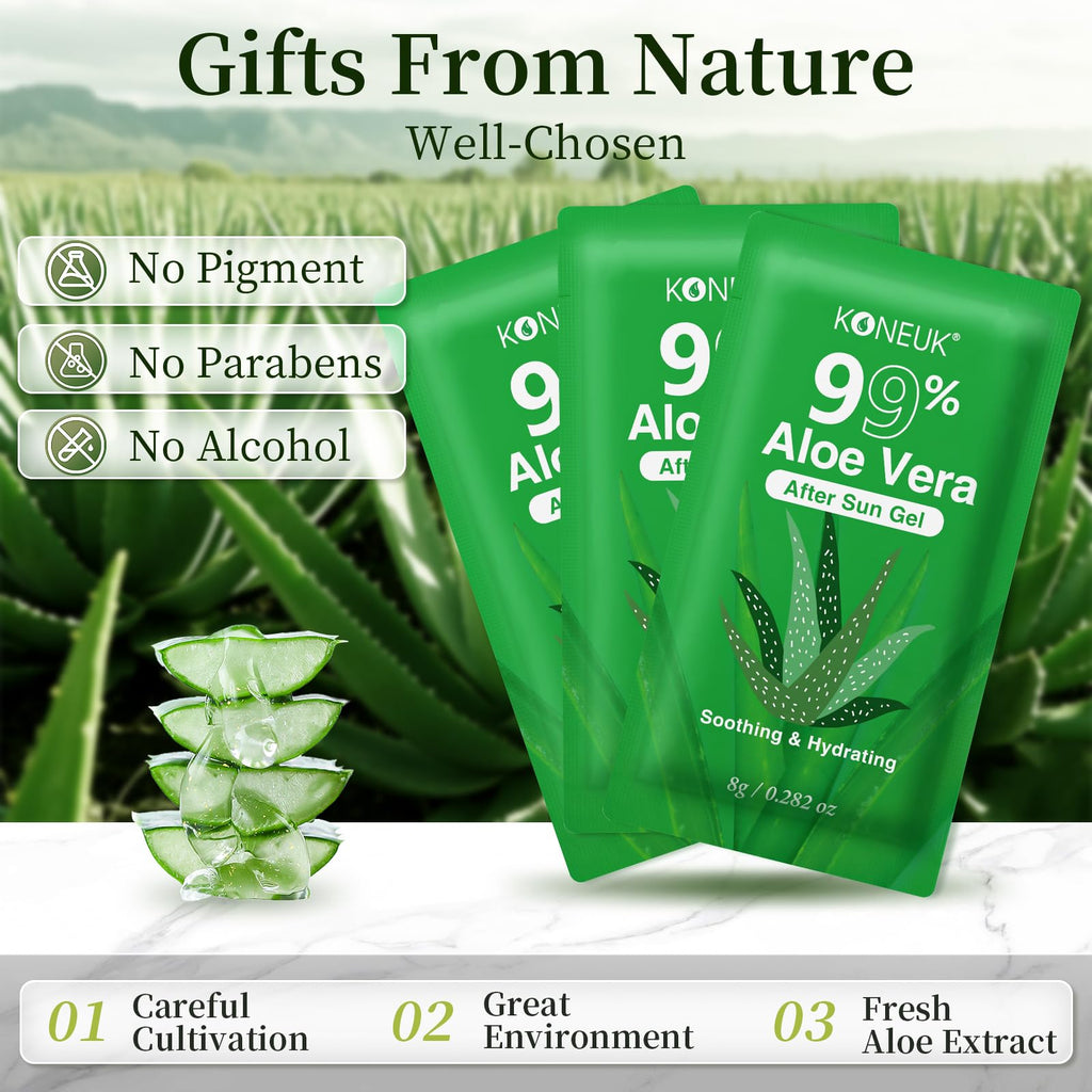 KONEUK 100 Pack Bulk Aloe Vera Gel – 99% Pure, Travel-Size for Face, Hair & Skin