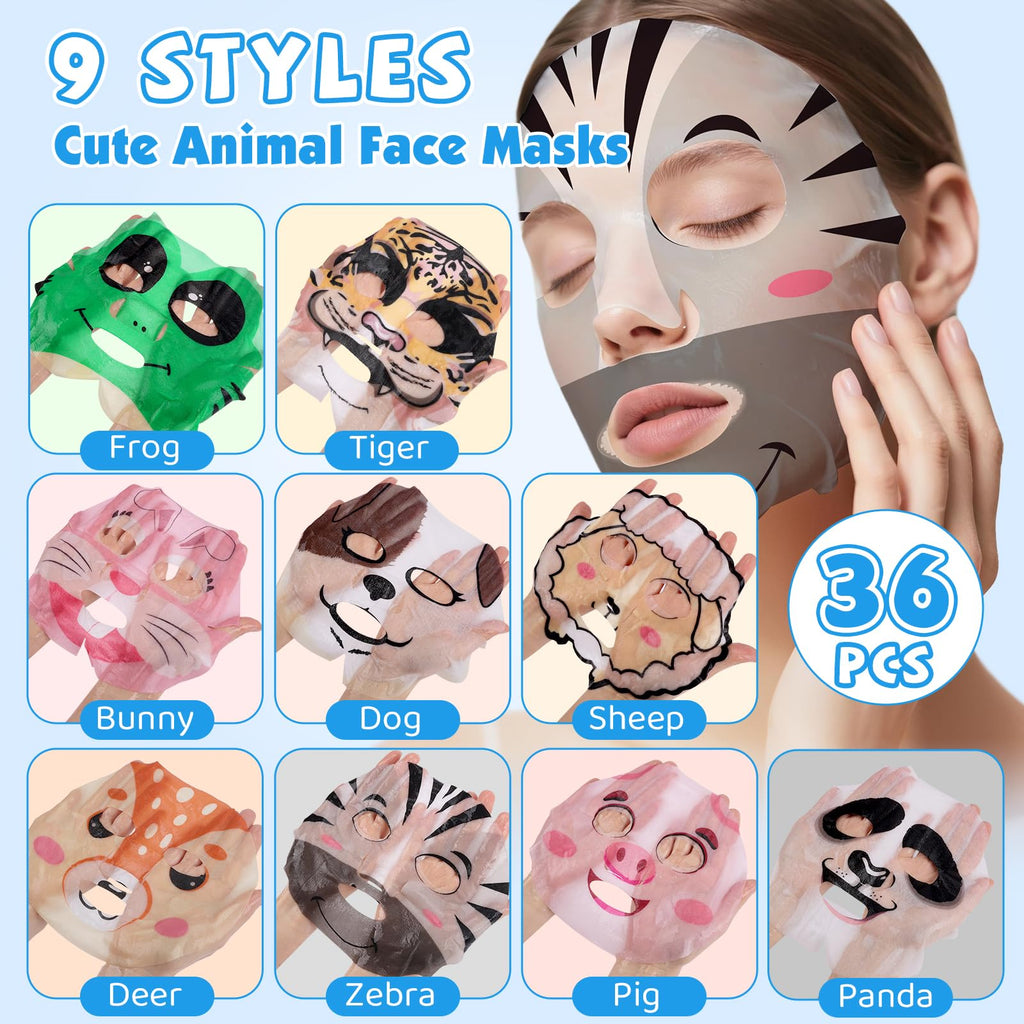 KONEUK 36-Pack Cute Animal Kids Face Masks – Collagen Sheet Masks for Girls & Teens