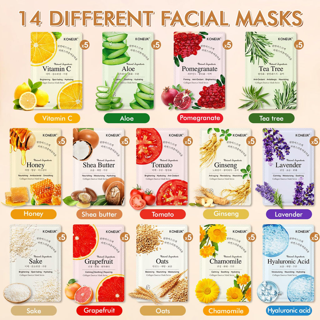 KONEUK 70-Pack Sheet Masks – Hydrating Facial Masks for All Skin Types