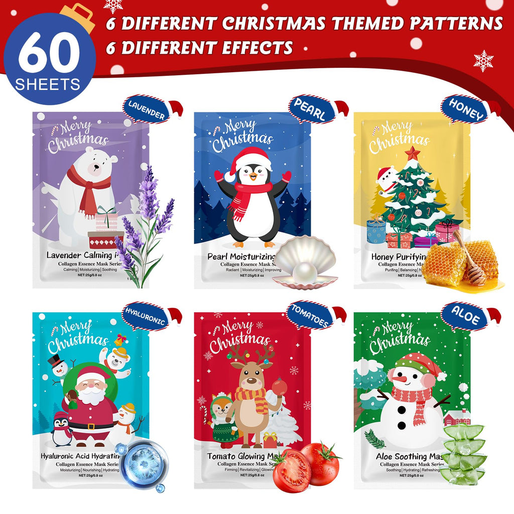 KONEUK 60 Pack Christmas Face Masks – Hydrating Skincare Gift Set & Stocking Stuffers
