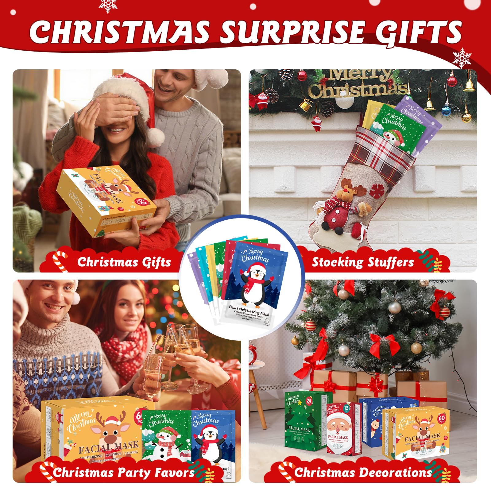 KONEUK 60 Pack Christmas Face Masks – Hydrating Skincare Gift Set & Stocking Stuffers