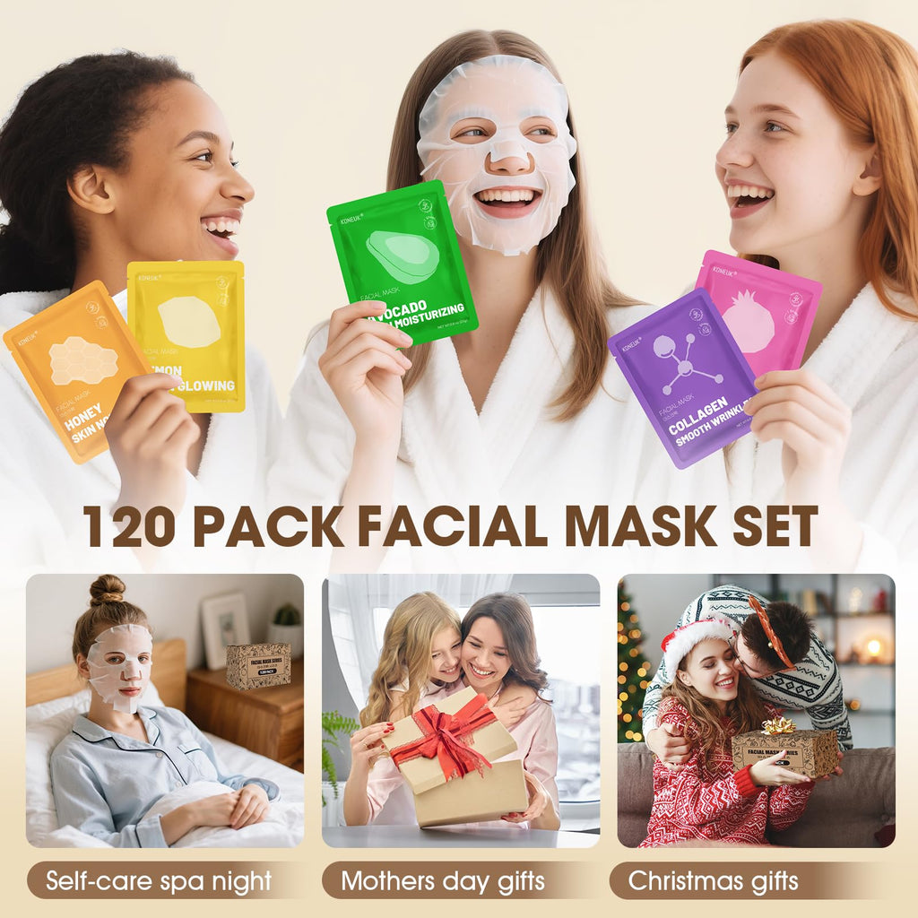 KONEUK 120 Pack Collagen Essence Sheet Masks | Hydrating Skincare Set (12 Types x 10 Pcs)