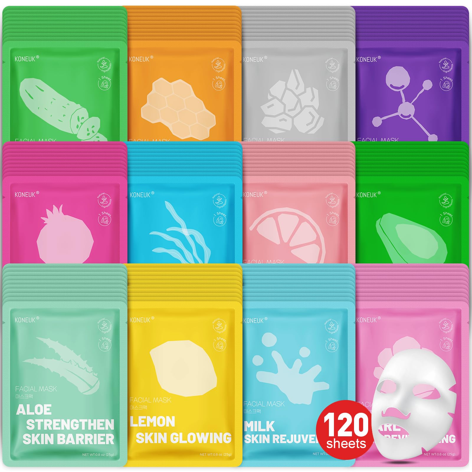 KONEUK 120 Pack Collagen Essence Sheet Masks | Hydrating Skincare Set (12 Types x 10 Pcs)