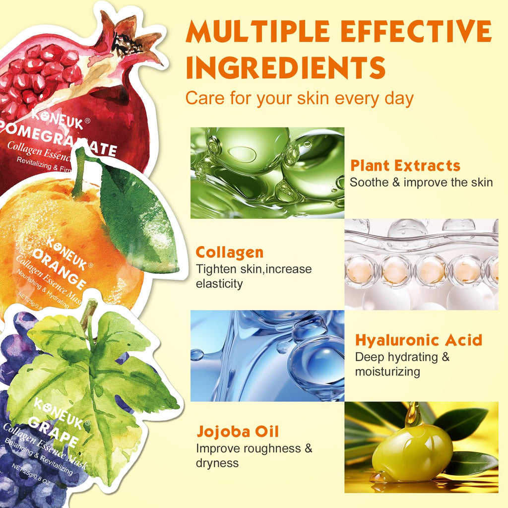 KONEUK 36 Pack Fruit Shaped Sheet Masks – Hydrating Collagen Facial Masks for Dry Skin (9 Designs x 4 Sheets)