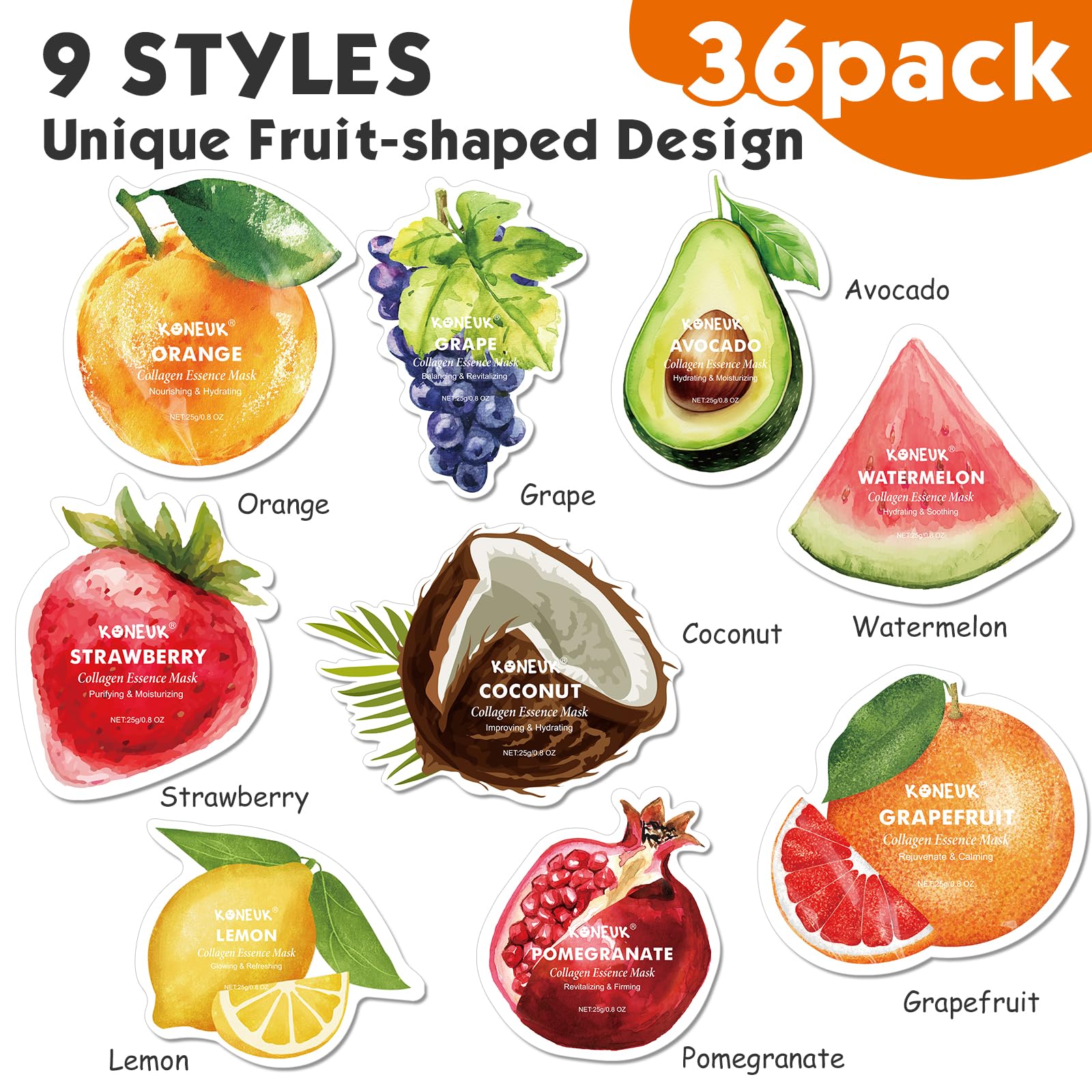 KONEUK 36 Pack Fruit Shaped Sheet Masks – Hydrating Collagen Facial Masks for Dry Skin (9 Designs x 4 Sheets)