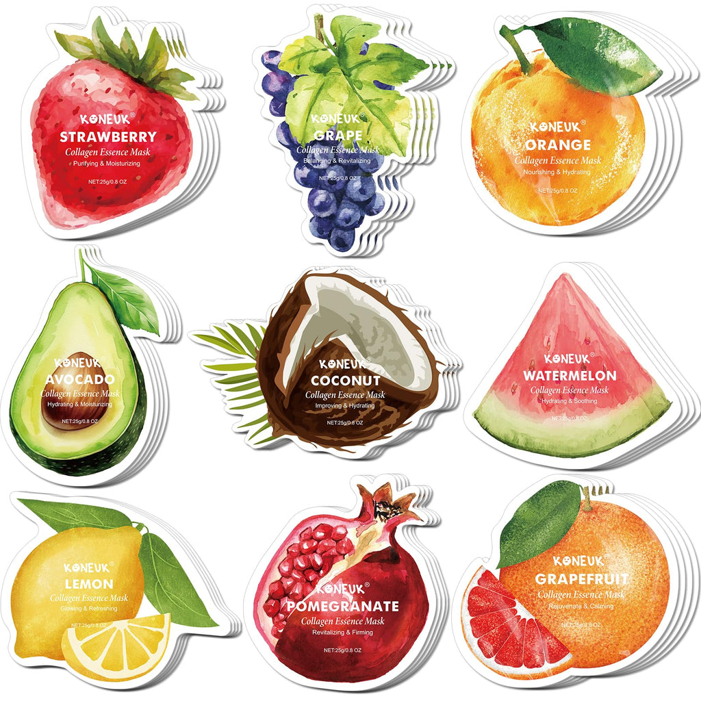 KONEUK 36 Pack Fruit Shaped Sheet Masks – Hydrating Collagen Facial Masks for Dry Skin (9 Designs x 4 Sheets)