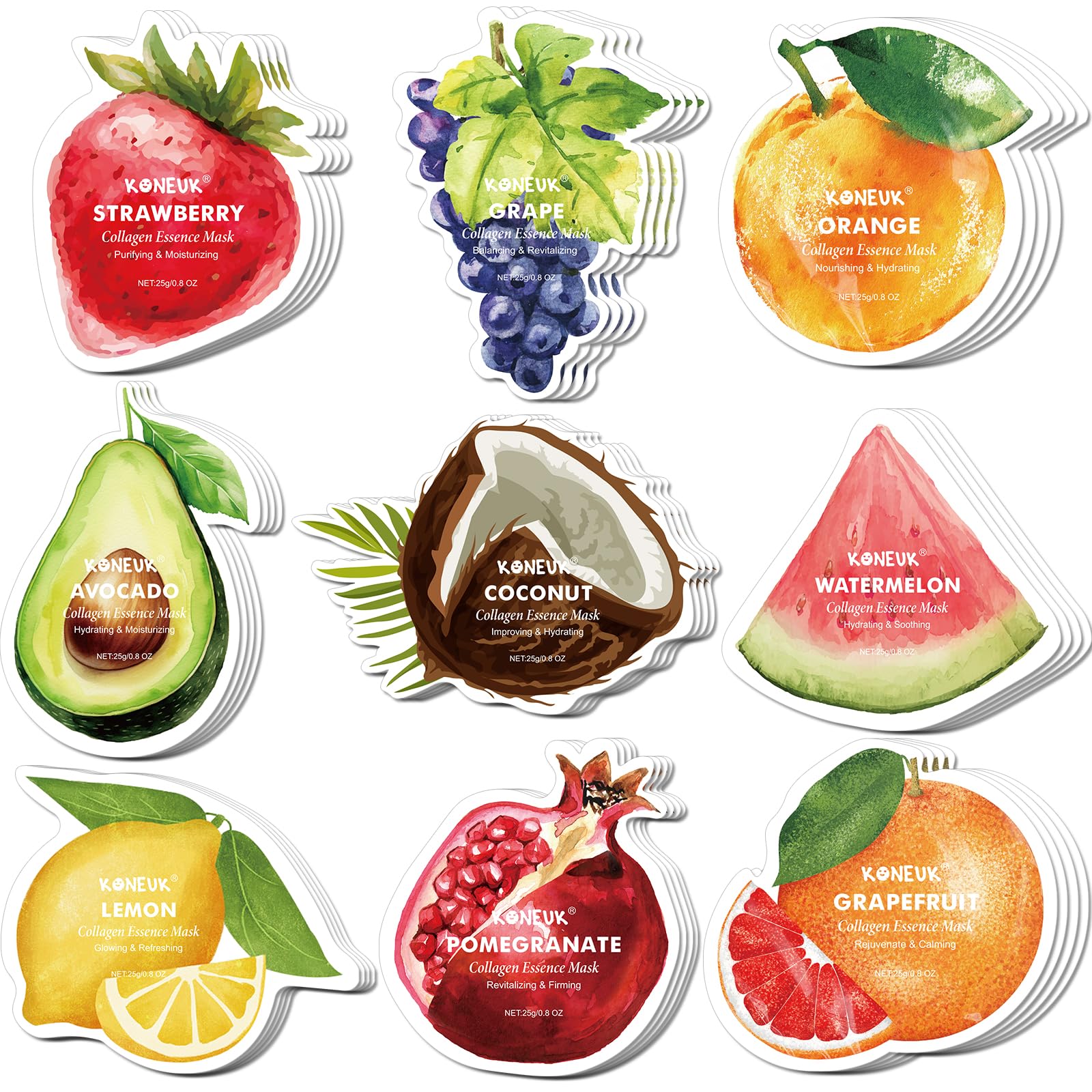 KONEUK 36 Pack Fruit Shaped Sheet Masks – Hydrating Collagen Facial Masks for Dry Skin (9 Designs x 4 Sheets)