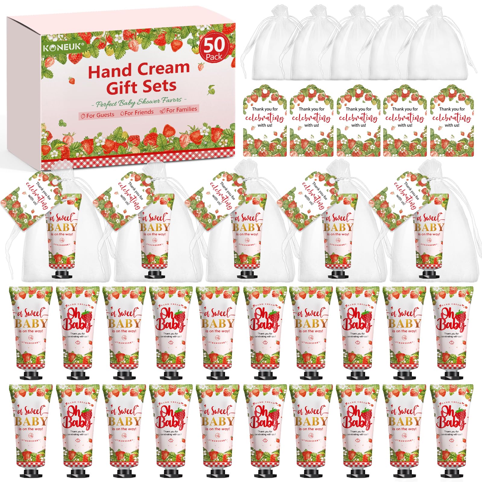 KONEUK 50-Pack Hand Cream Gift Sets – Baby Shower & Bridal Shower Favors (Strawberry)