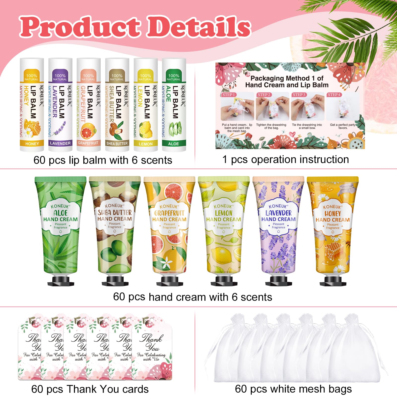 KONEUK 60 Pack Hand Cream & Lip Balm Bulk Sets – Gift Favors for Weddings & Occasions