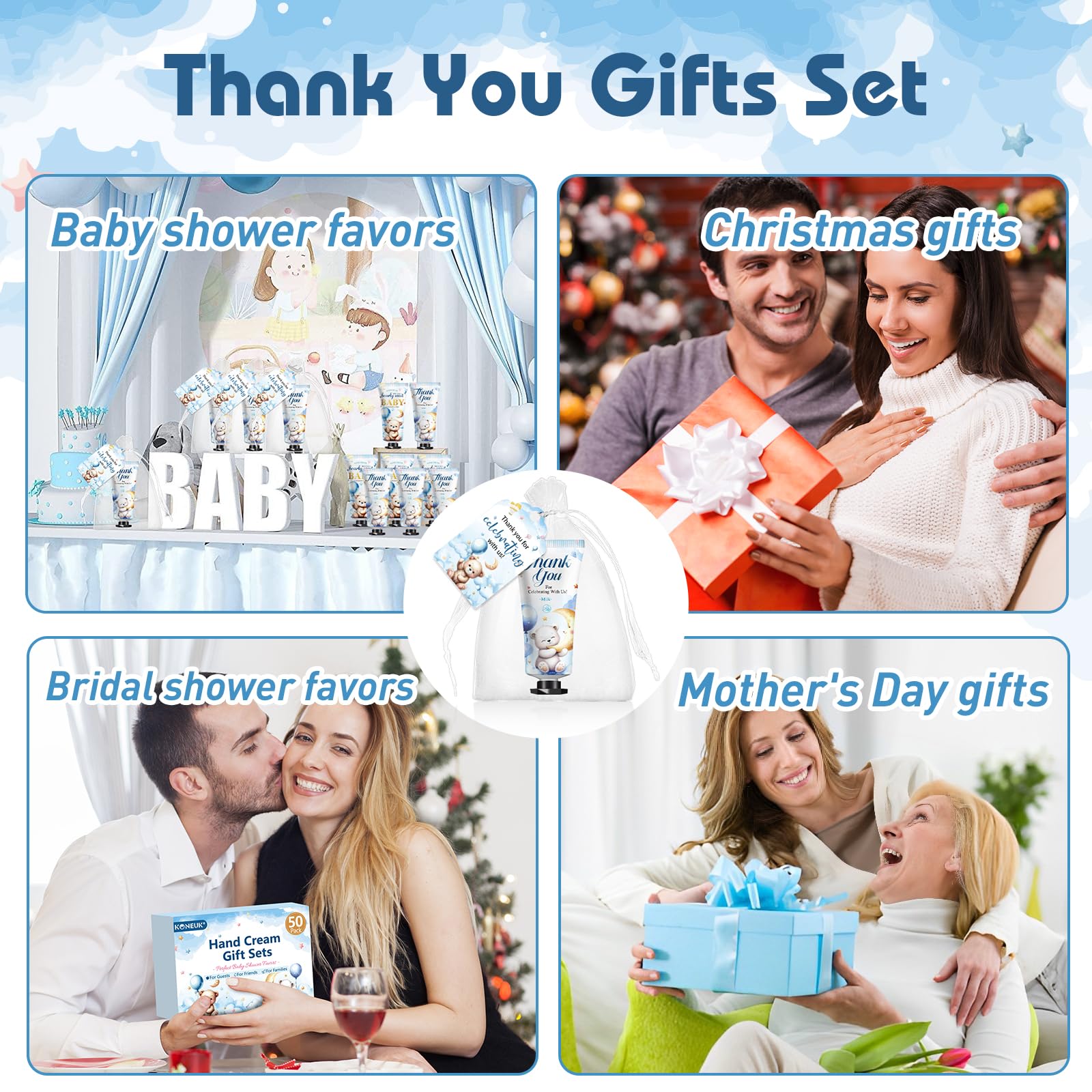 KONEUK 50-Pack Baby Shower Hand Cream Gifts Sets with Thank You Cards & Organza Bags | Bulk Favors for Guests