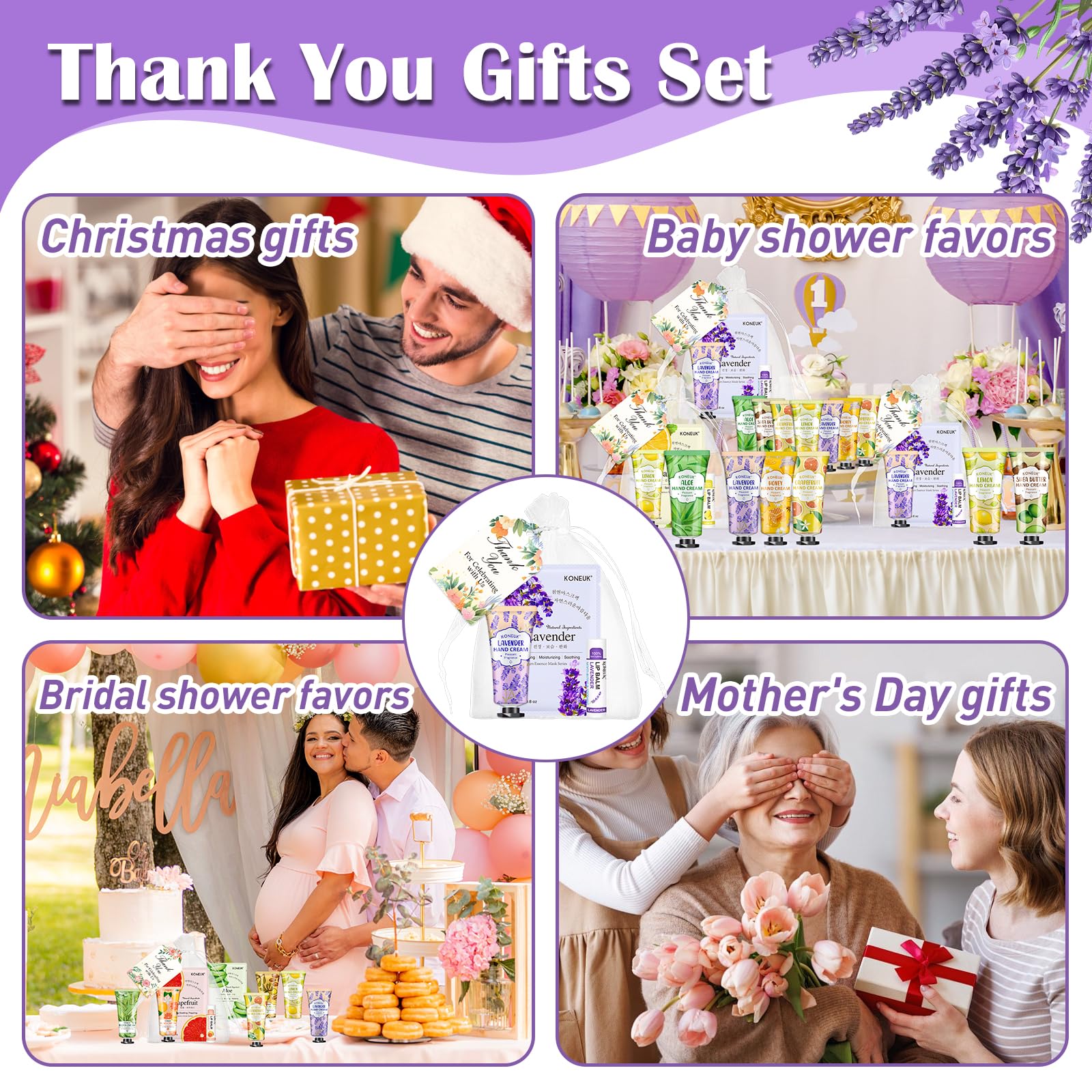 KONEUK 60-Pack Bulk Lip Balm, Facial Mask & Hand Cream Gift Sets