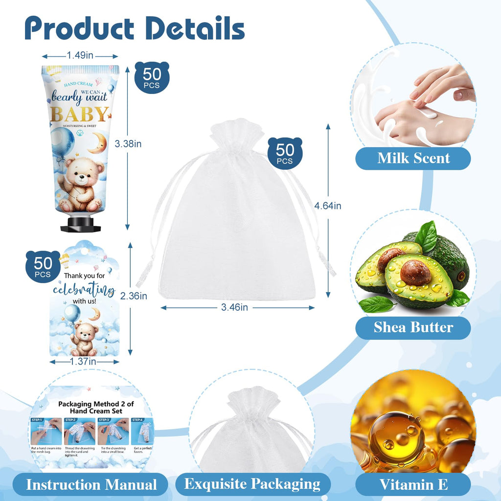 KONEUK 50-Pack Baby Shower Hand Cream Gifts Sets with Thank You Cards & Organza Bags | Bulk Favors for Guests