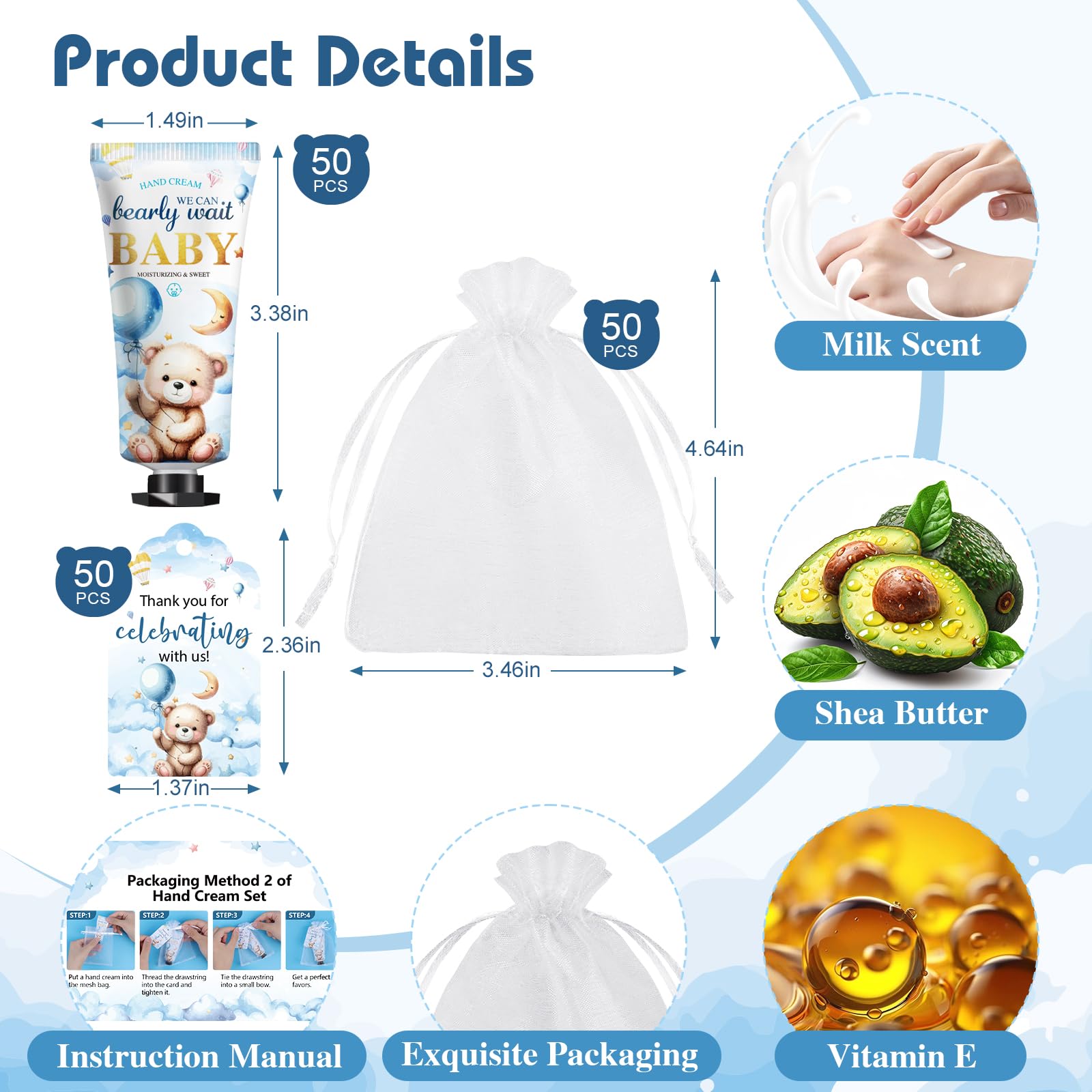 KONEUK 50-Pack Baby Shower Hand Cream Gifts Sets with Thank You Cards & Organza Bags | Bulk Favors for Guests