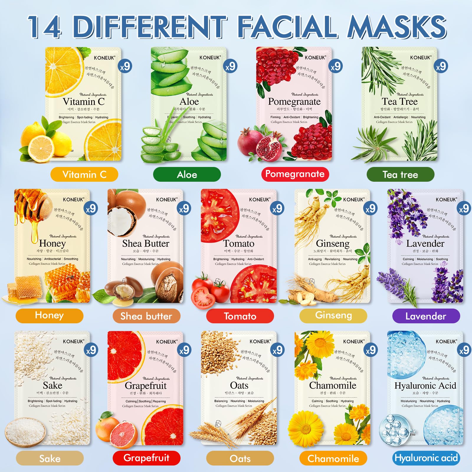 KONEUK 126 Pack Sheet Masks – Hydrating Bulk Facial Masks Gift Set for All Skin Types