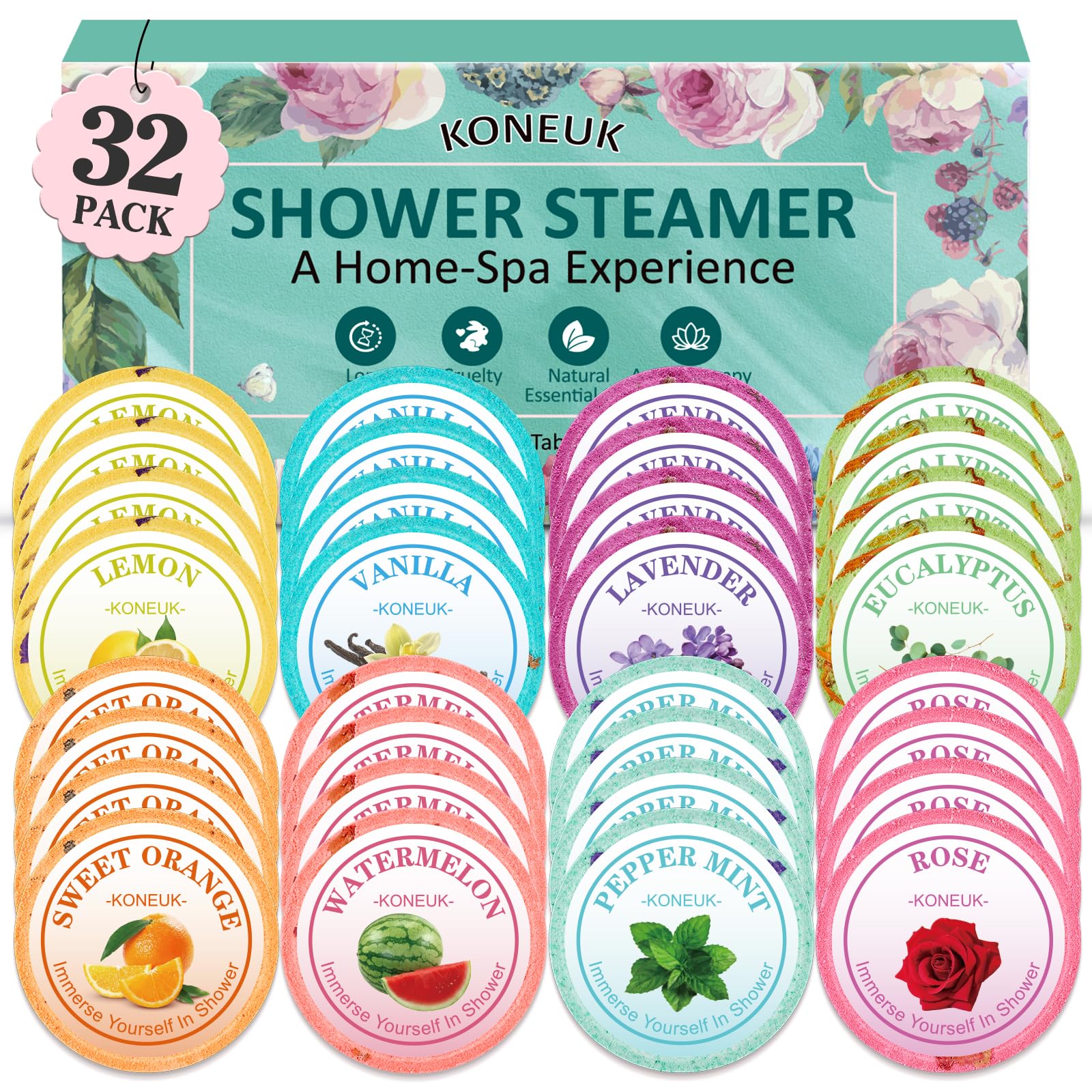 KONEUK 32 Pack Shower Steamers – Aromatherapy Gift Set with Essential Oils