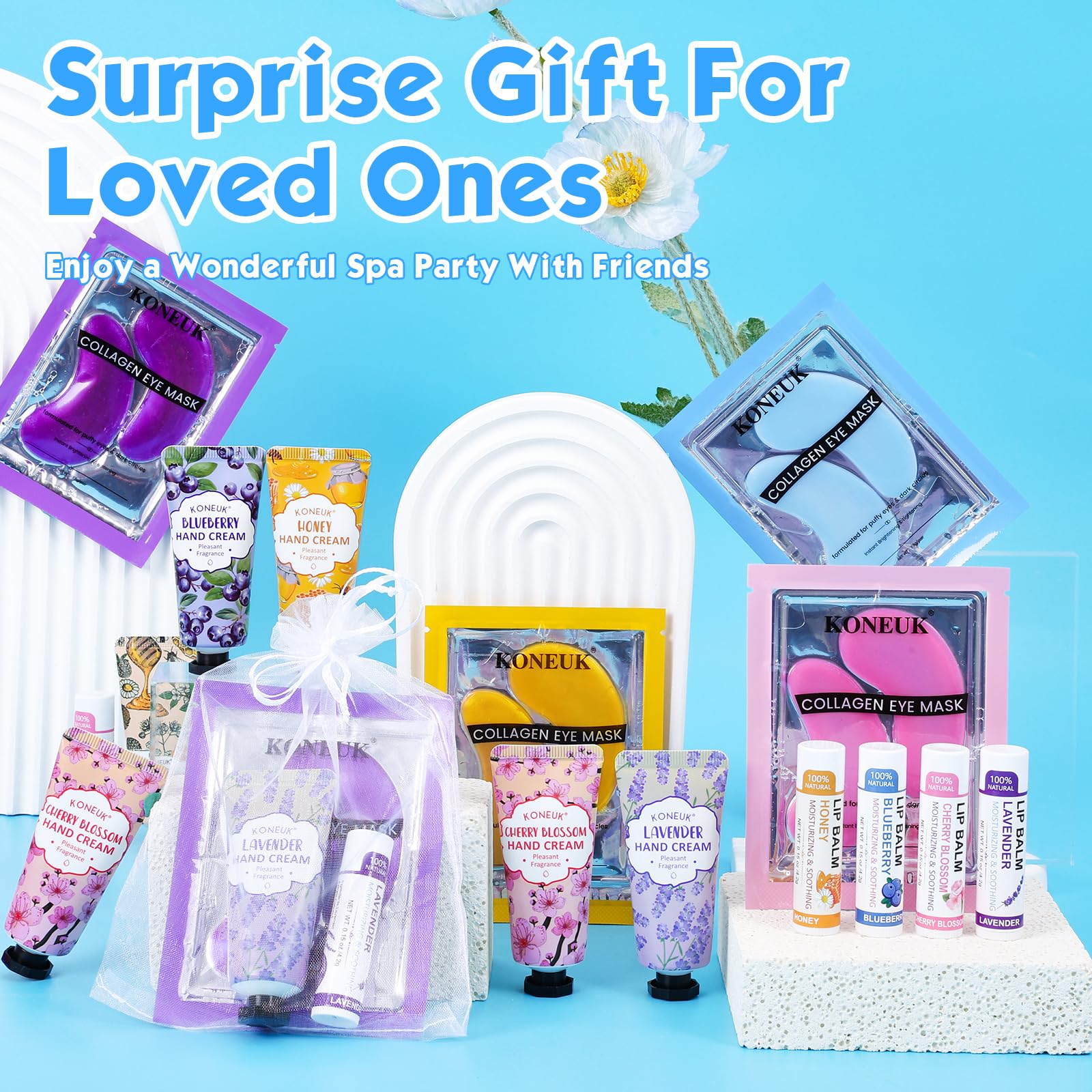 KONEUK 120 Pcs Spa Party Favors Set — Eye Patches, Lip Balms & Hand Creams