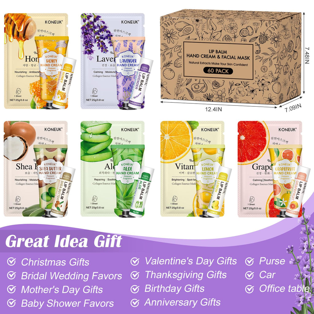 KONEUK 60-Pack Bulk Lip Balm, Facial Mask & Hand Cream Gift Sets