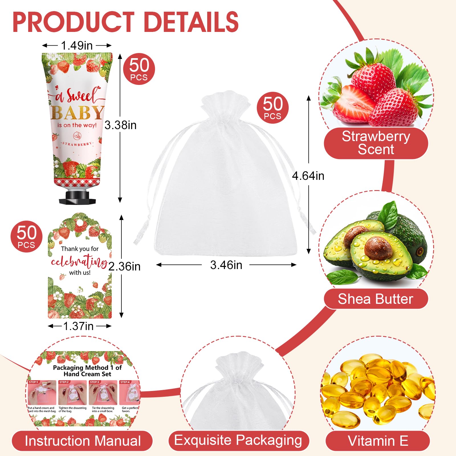 KONEUK 50-Pack Hand Cream Gift Sets – Baby Shower & Bridal Shower Favors (Strawberry)