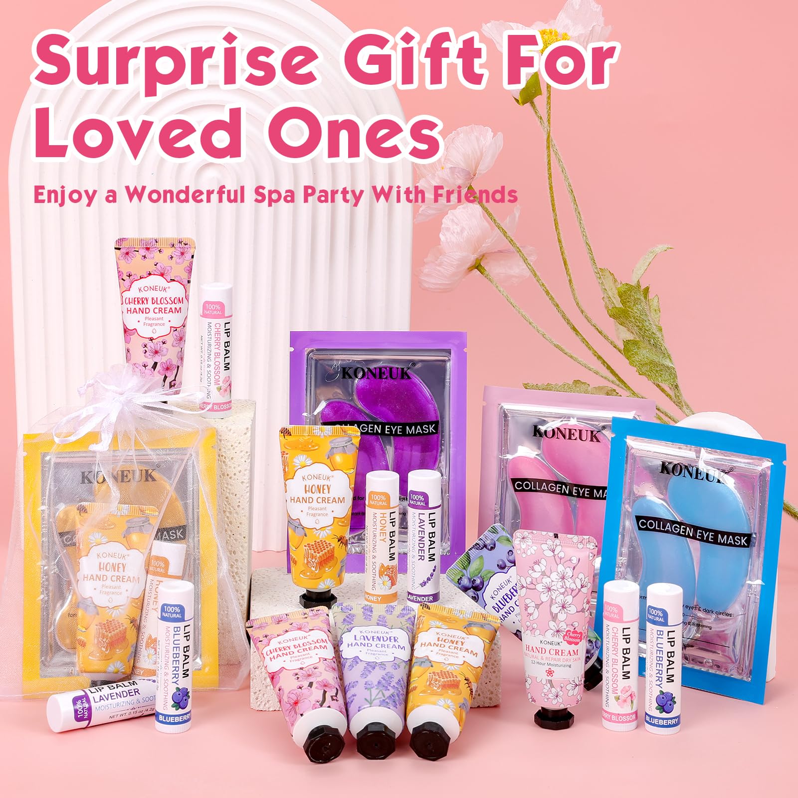 KONEUK 84-Piece Gift Set for Women & Teens | Eye Patches, Lip Balms, Hand Creams, Party Favors