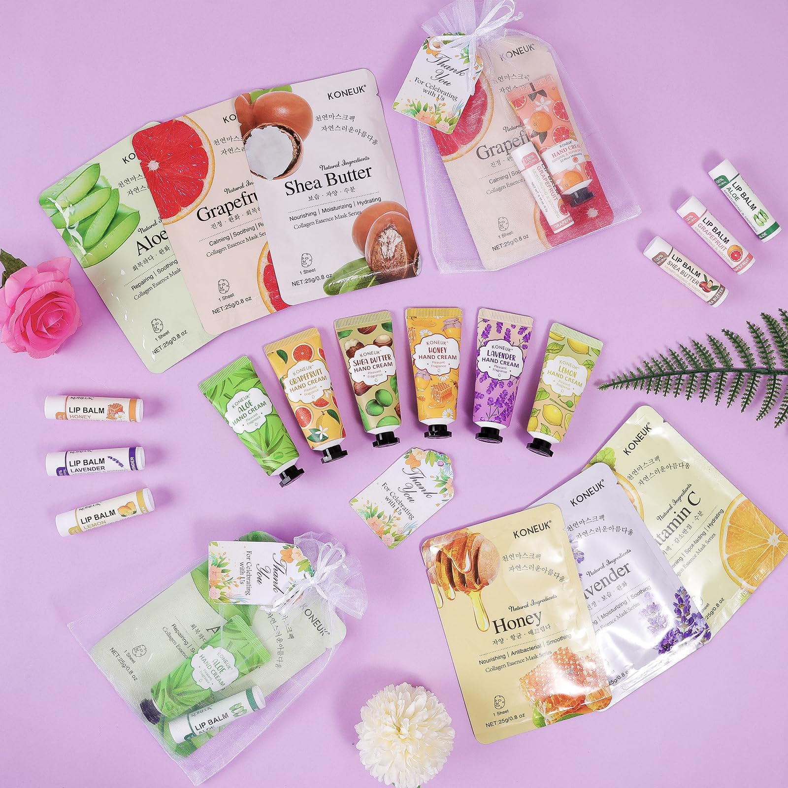 KONEUK 60-Pack Bulk Lip Balm, Facial Mask & Hand Cream Gift Sets