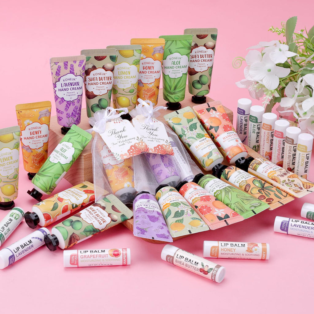 KONEUK 60 Pack Hand Cream & Lip Balm Bulk Sets – Gift Favors for Weddings & Occasions