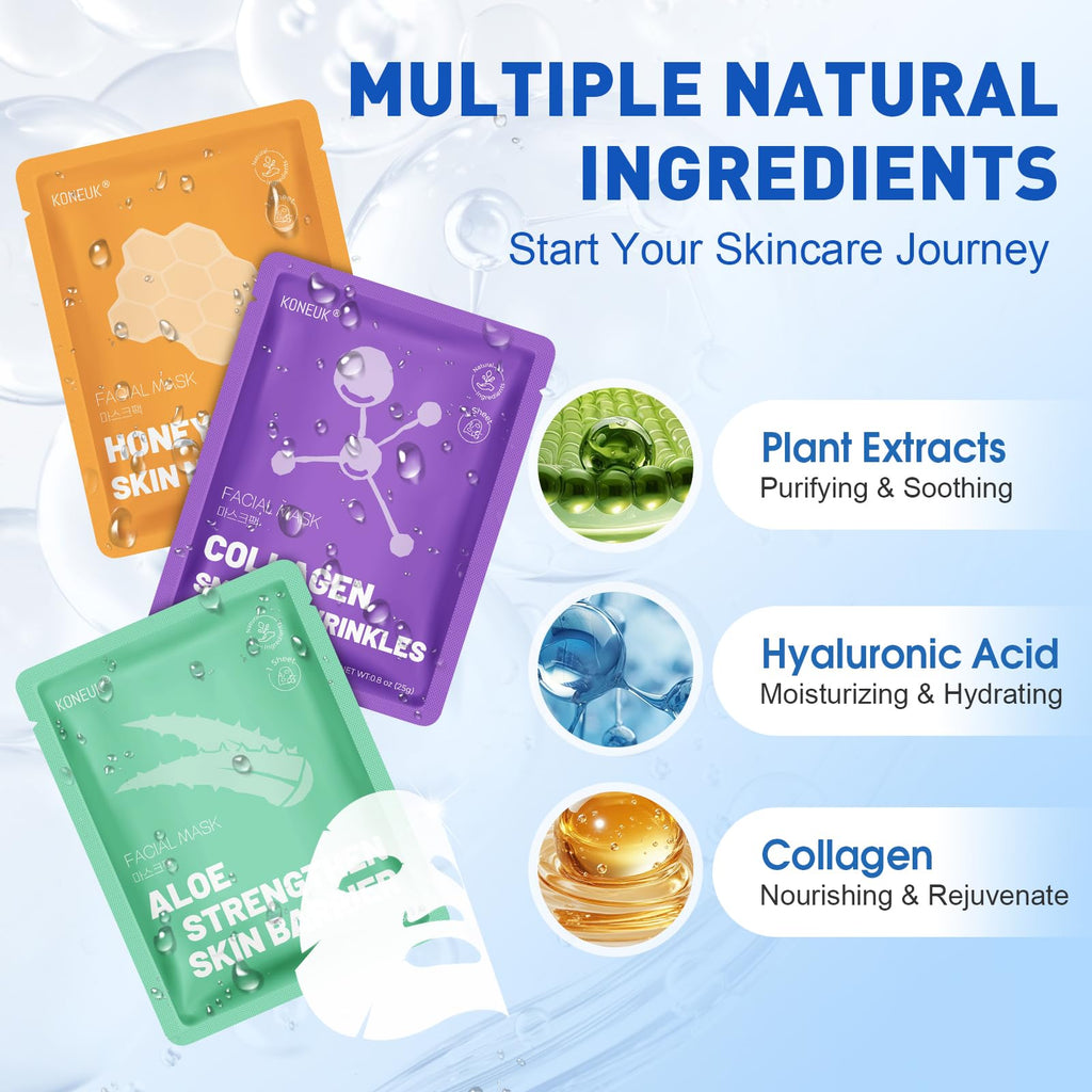 KONEUK 72 Pack Collagen Face Masks – Hydrating Skincare Set for All Skin Types