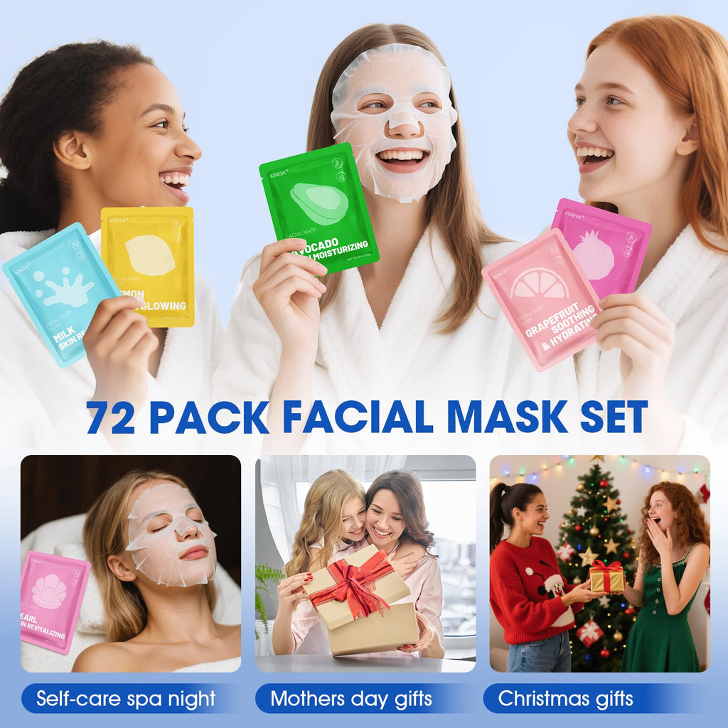 KONEUK 72 Pack Collagen Face Masks – Hydrating Skincare Set for All Skin Types