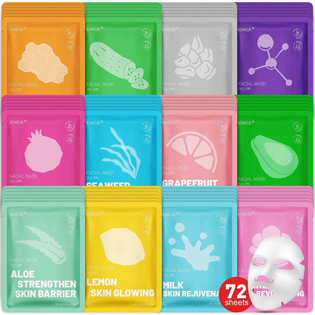 KONEUK 72 Pack Collagen Face Masks – Hydrating Skincare Set for All Skin Types
