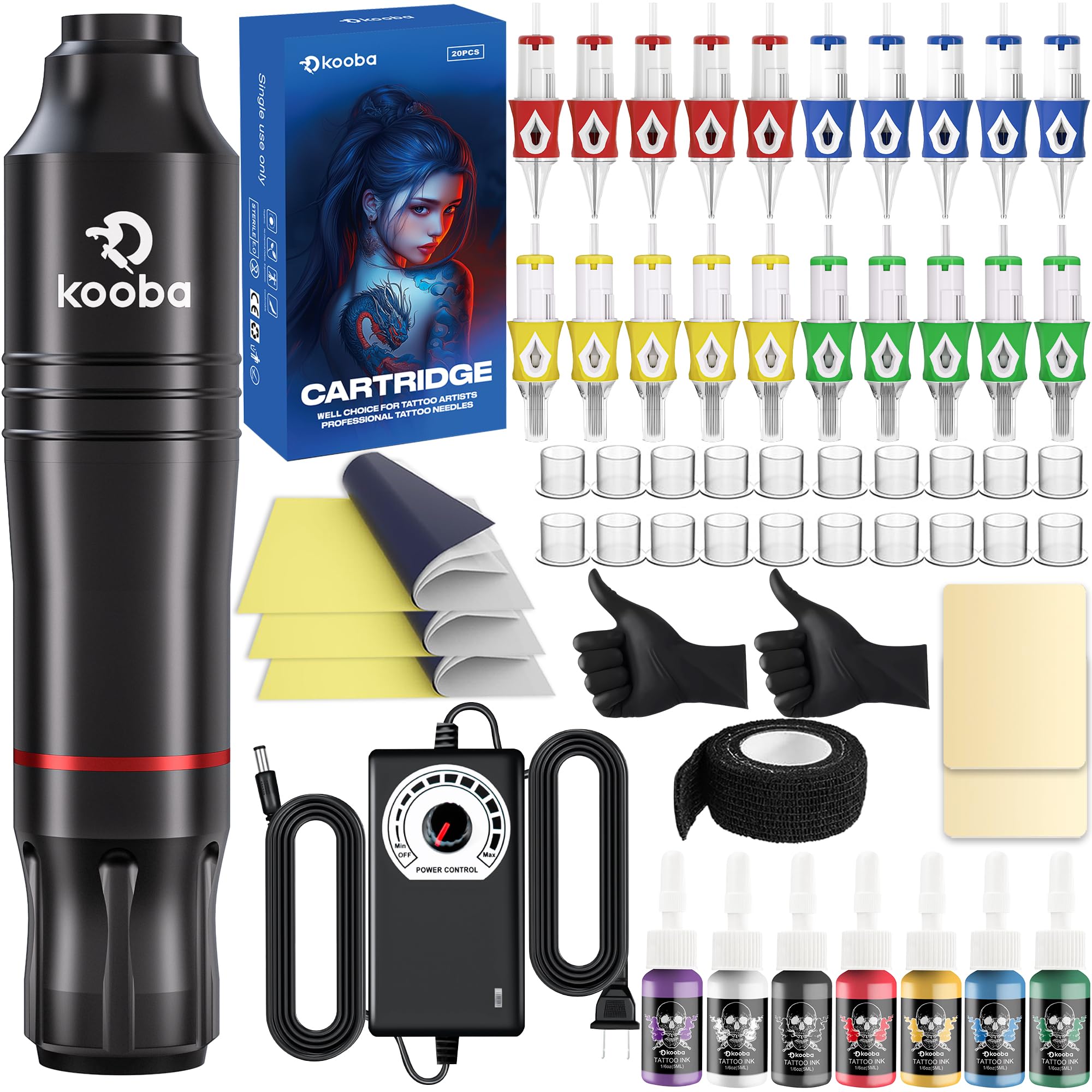 Kooba Tattoo Gun Kit – Complete Rotary Tattoo Pen Set with Regulator Power, 20 Needles, 7 Ink Colors