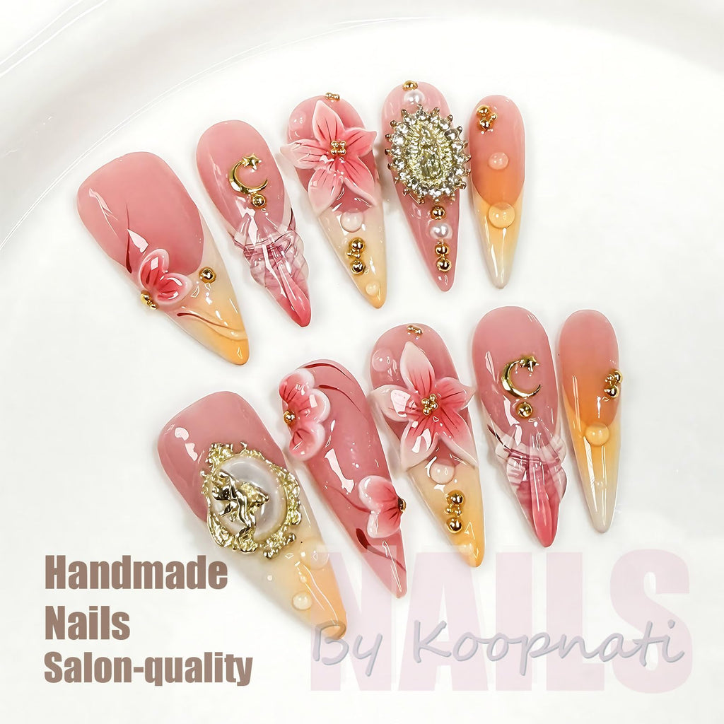 Koopnati Handmade Long Almond Press On Nails – 3D French Tip, At-Home Kit